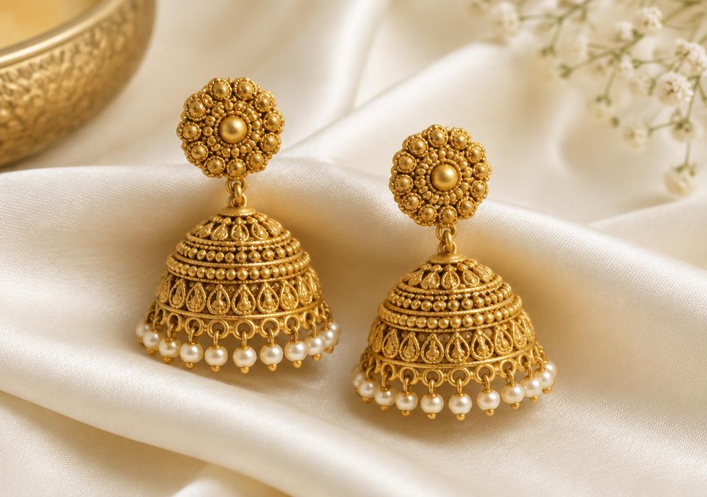 Antique gold jhumka earrings prepared for a Yuvexa product listing